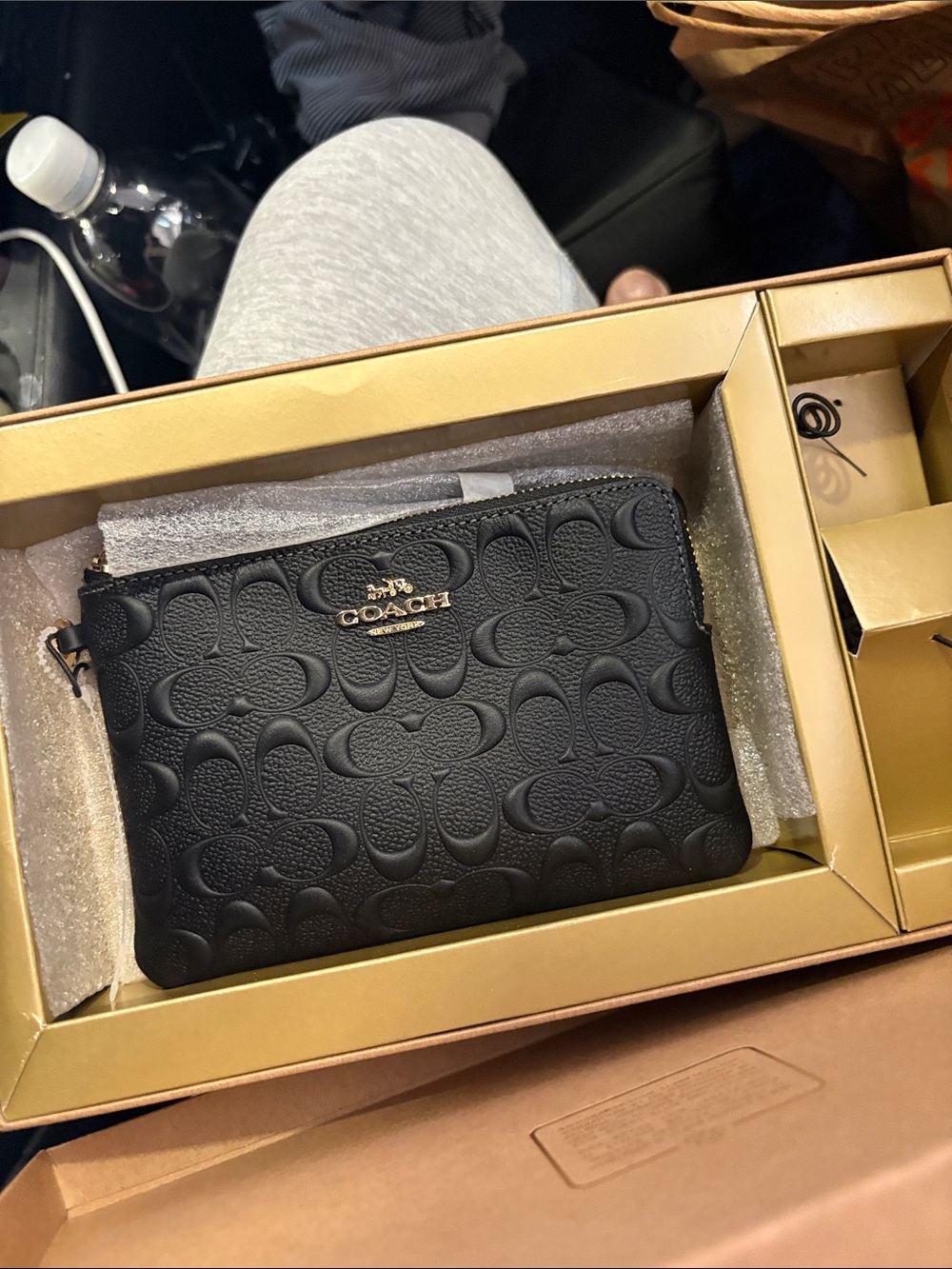 Coach Black Embossed Leather Wristlet with Gold Logo